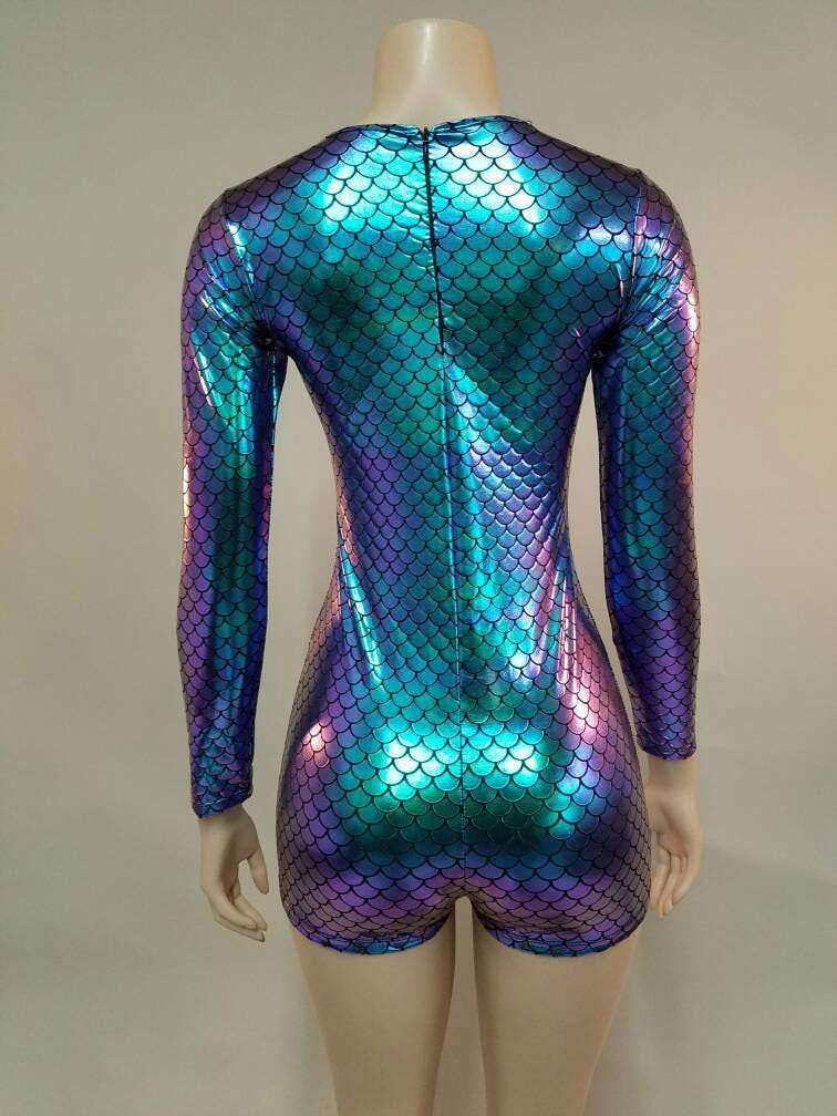 Mermaid Short Bodysuit with Rhinestone Laced Front / Invisible Zipper Back