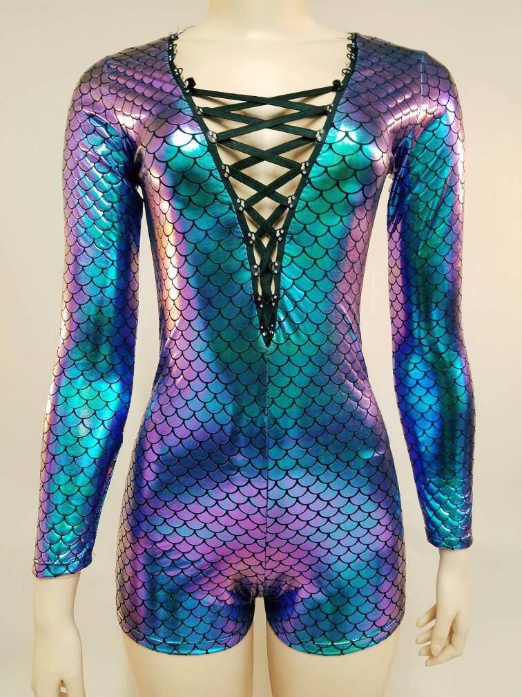 Mermaid Short Bodysuit with Rhinestone Laced Front / Invisible Zipper Back