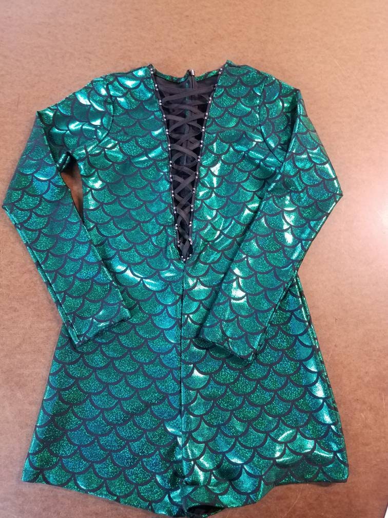 Mermaid Short Bodysuit with Rhinestone Laced Front / Invisible Zipper Back