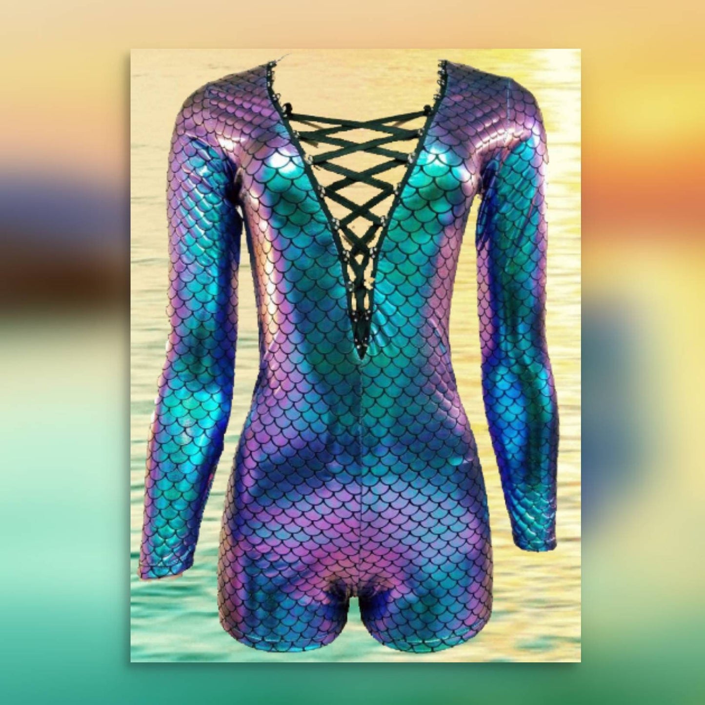 Mermaid Short Bodysuit with Rhinestone Laced Front / Invisible Zipper Back